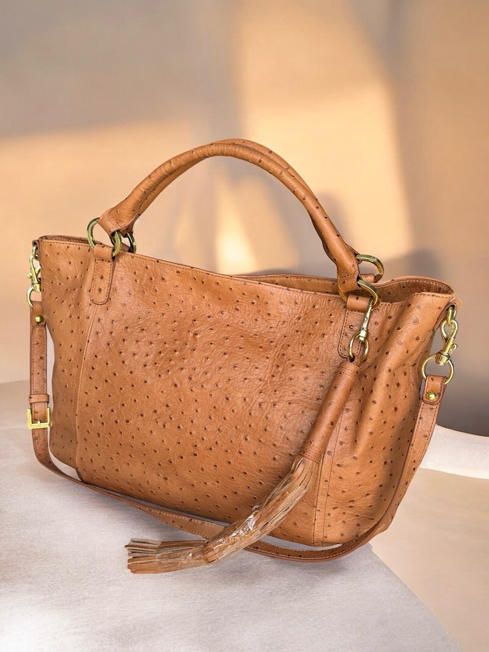 🆕 G.I.L.I Got It Love It Large Ostrich Leather Shoulder Tote Bag British Tan